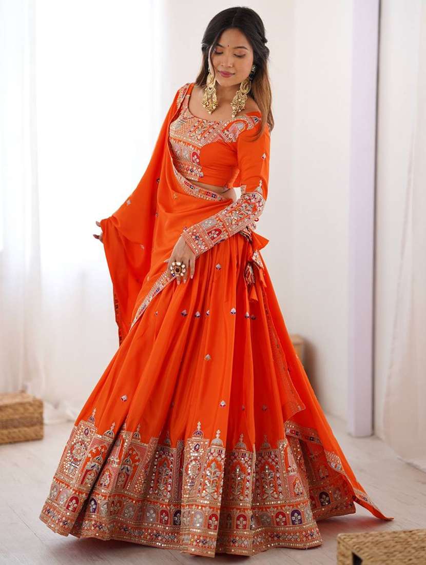 women solid with work semi stitched flared lehenga