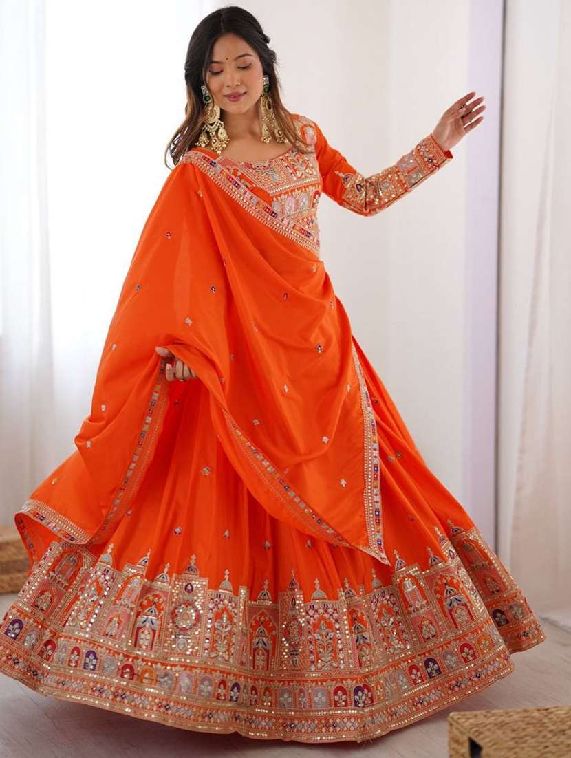 women solid with work semi stitched flared lehenga - 22281003 -  Standard Image - 1