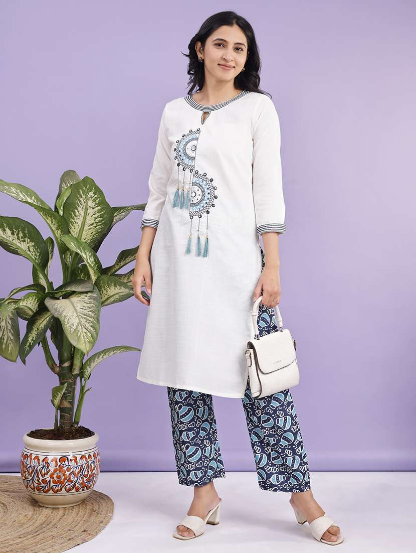 women solid with work three quarter sleeve kurta pant set - 22281016 -  Standard Image - 1