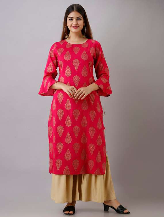 women foil printed bell sleeve kurta sharara set