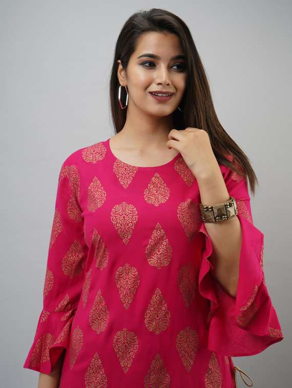 women foil printed bell sleeve kurta sharara set - 22281162 -  Standard Image - 4