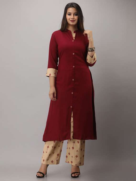 women solid three quarter sleeve kurta pant set