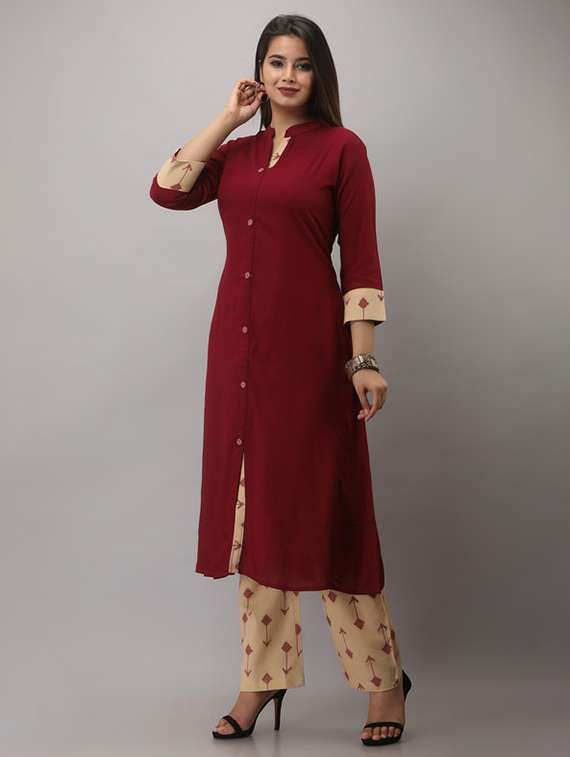 women solid three quarter sleeve kurta pant set - 22281167 -  Standard Image - 1