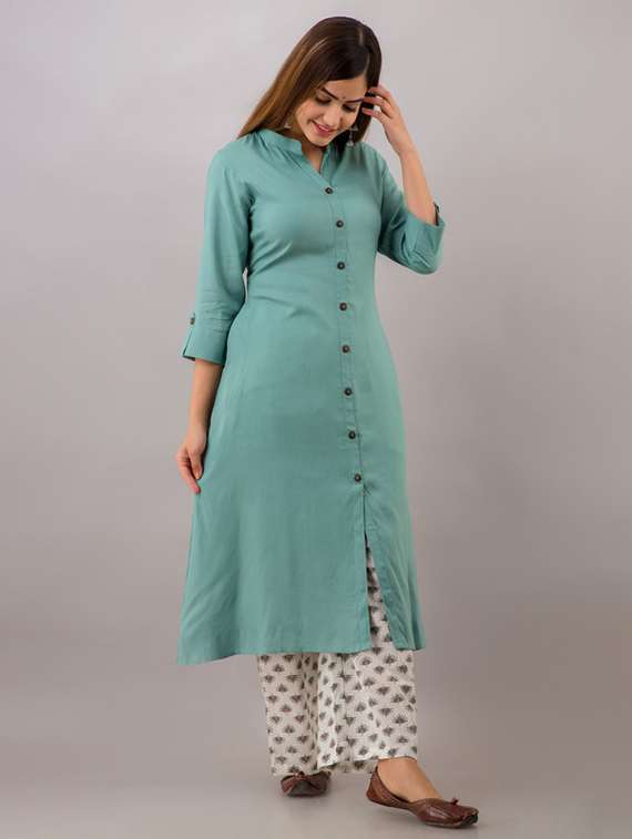 women solid three quarter sleeve kurta palazzo set - 22281172 -  Standard Image - 1