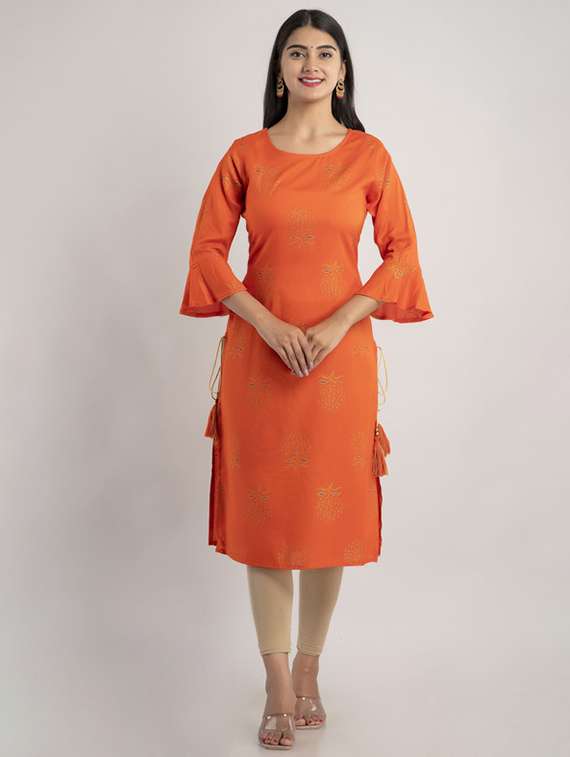 women printed bell sleeve straight kurta