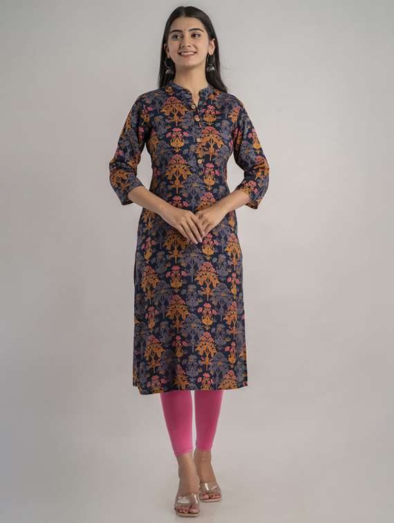women printed three quarter sleeve straight kurta