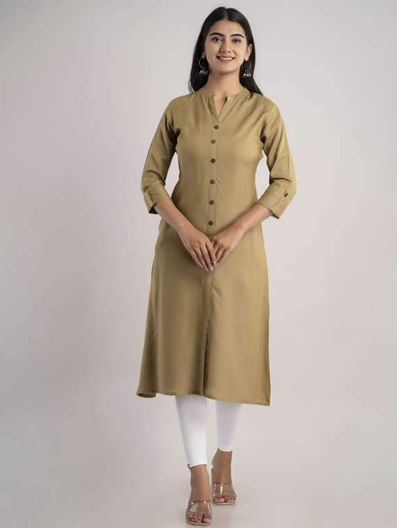 women solid three quarter sleeve a-line kurta
