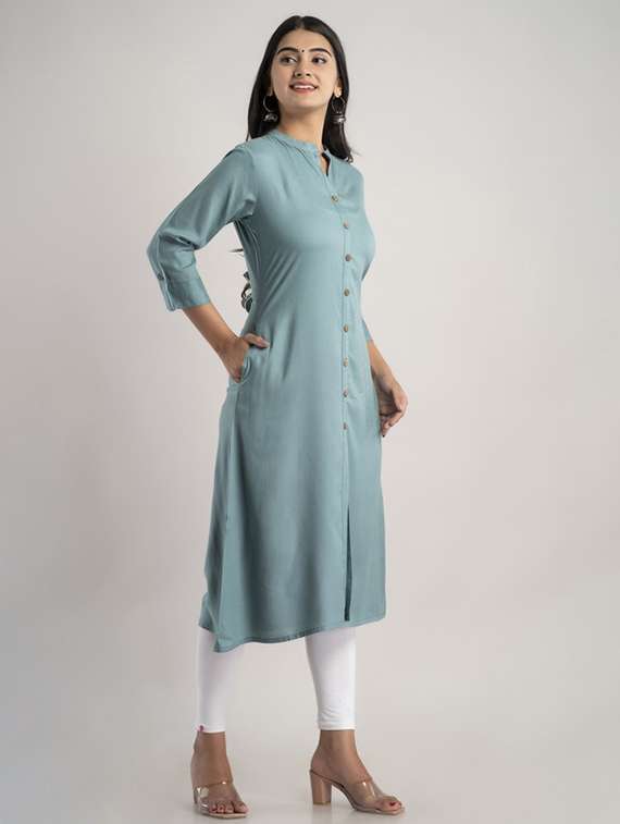 women solid three quarter sleeve a-line kurta - 22281190 -  Standard Image - 1