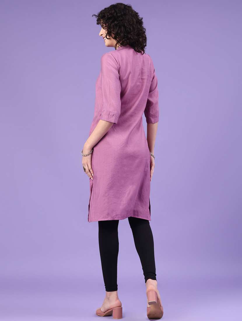 women solid three quarter sleeve straight kurta - 22281442 -  Standard Image - 4
