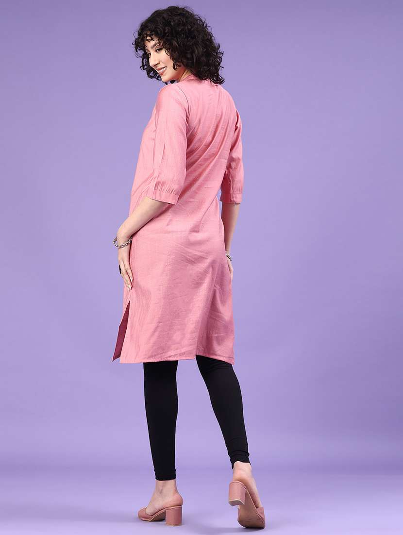 women solid three quarter sleeve straight kurta - 22281443 -  Standard Image - 4