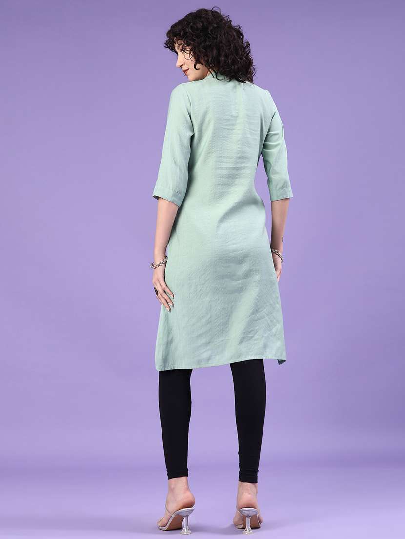 women solid three quarter sleeve straight kurta - 22281444 -  Standard Image - 4