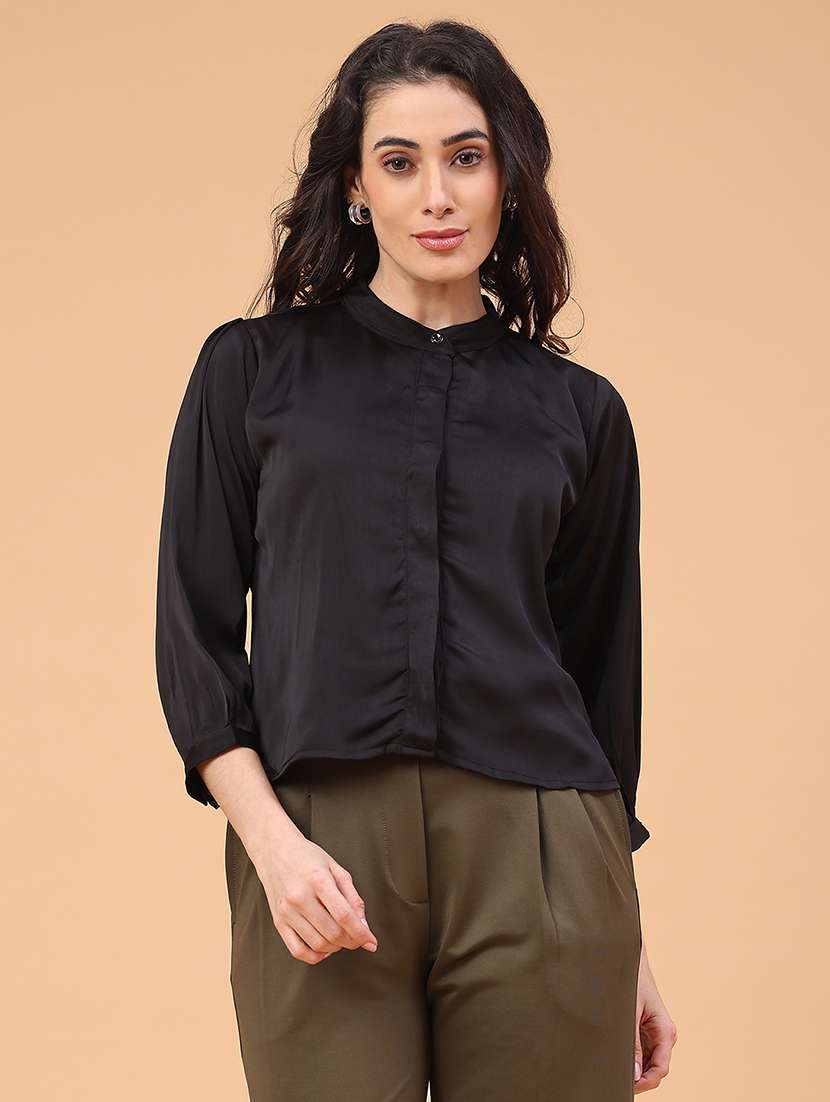 women solid mandarin neck bishop sleeve shirt - 22281709 -  Standard Image - 1