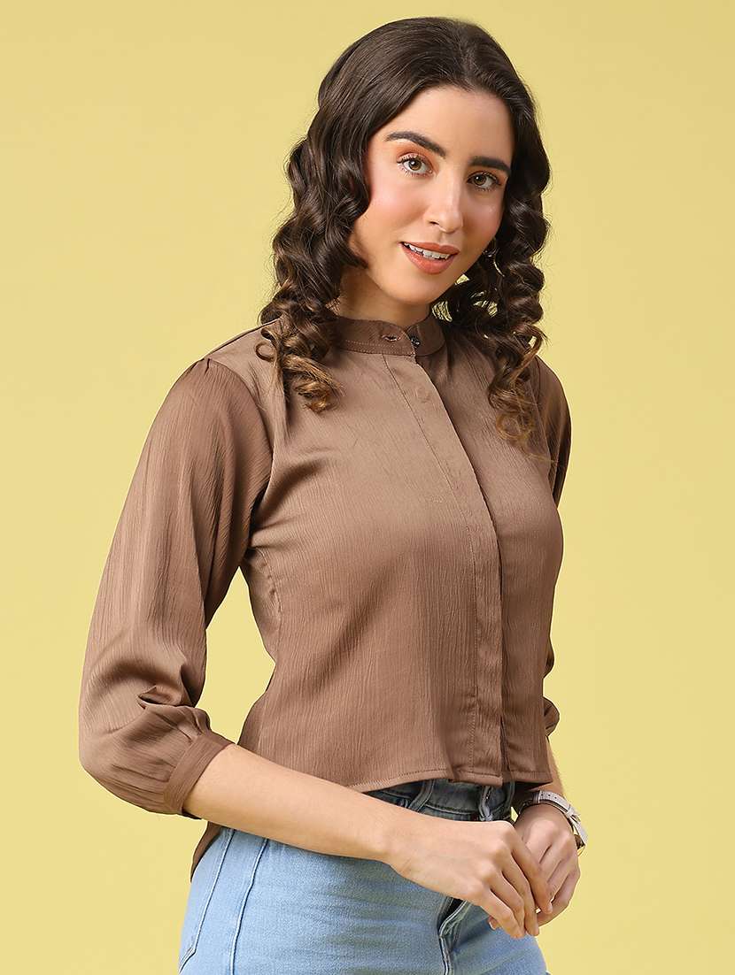 women solid mandarin neck crop shirt - 22281710 -  Standard Image - 1