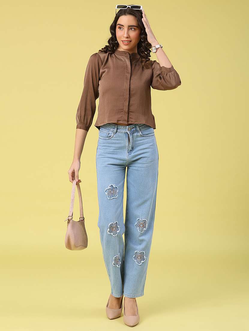 women solid mandarin neck crop shirt - 22281710 -  Standard Image - 4