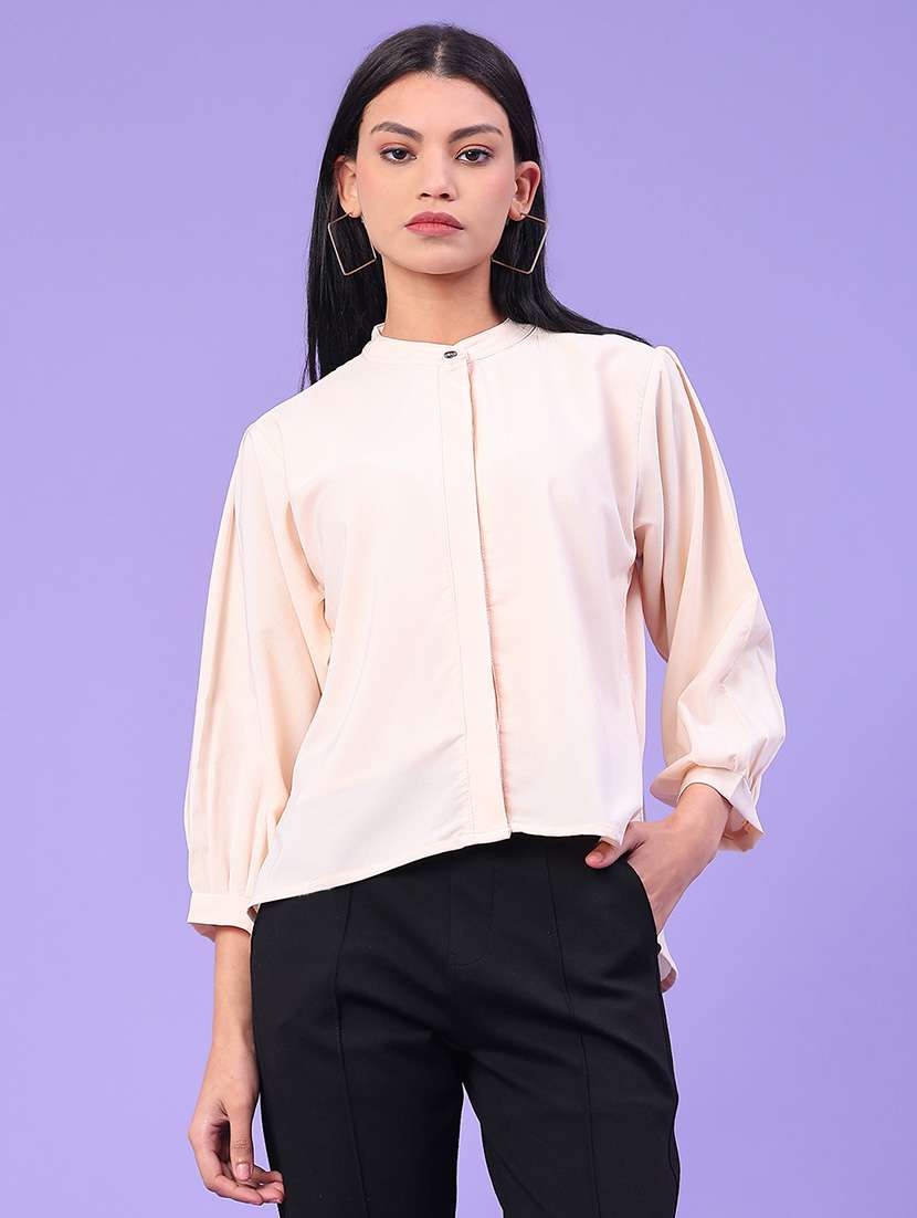 women solid mandarin neck long sleeve shirt - 22281712 -  Standard Image - 1