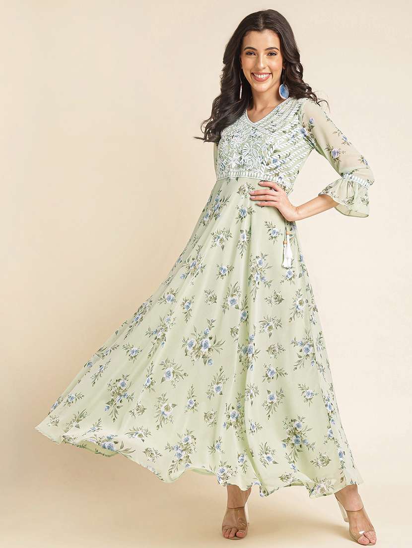 women floral print bell sleeve fit & flare dress