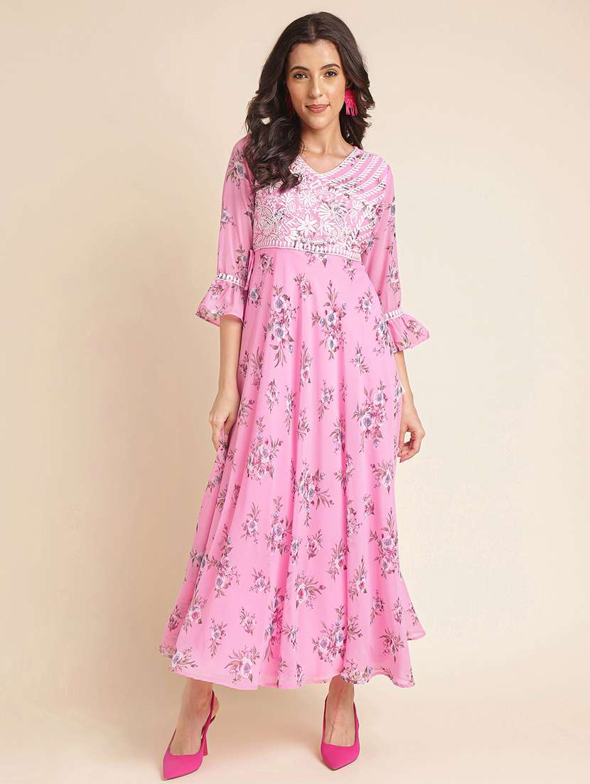 women floral print bell sleeve fit & flare dress