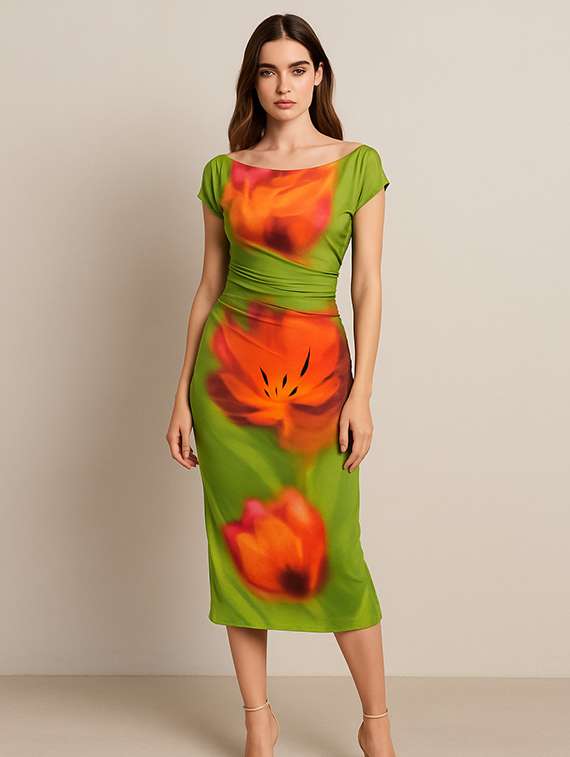 women printed cap sleeve bodycon dress