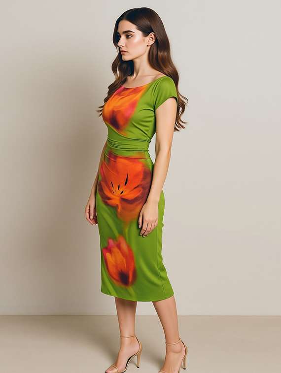 women printed cap sleeve bodycon dress - 22282078 -  Standard Image - 1