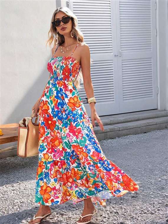women floral print shoulder strap fit & flare dress
