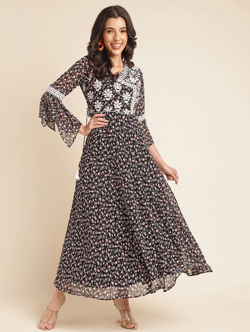 women floral print bell sleeve fit & flare dress