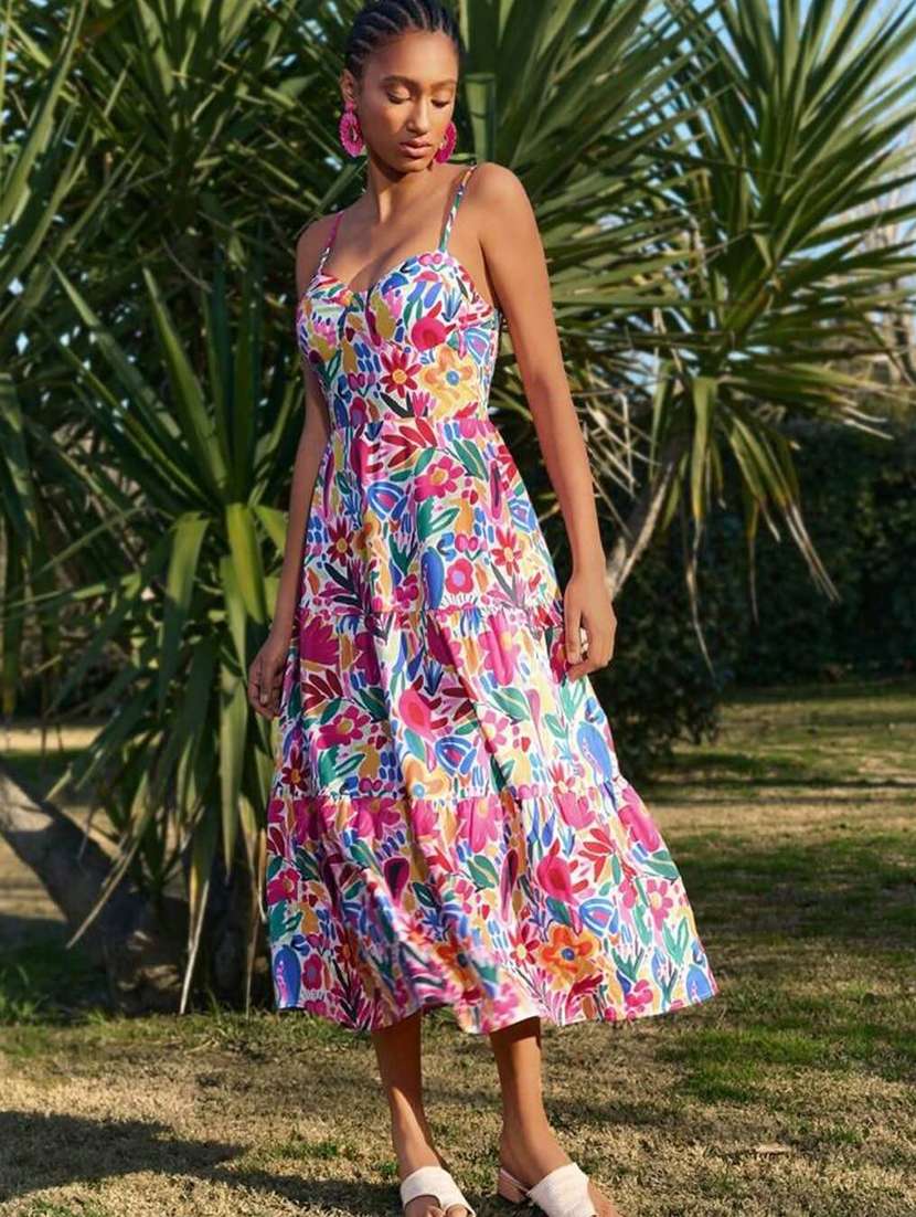 women printed shoulder strap tiered dress - 22282081 -  Standard Image - 1