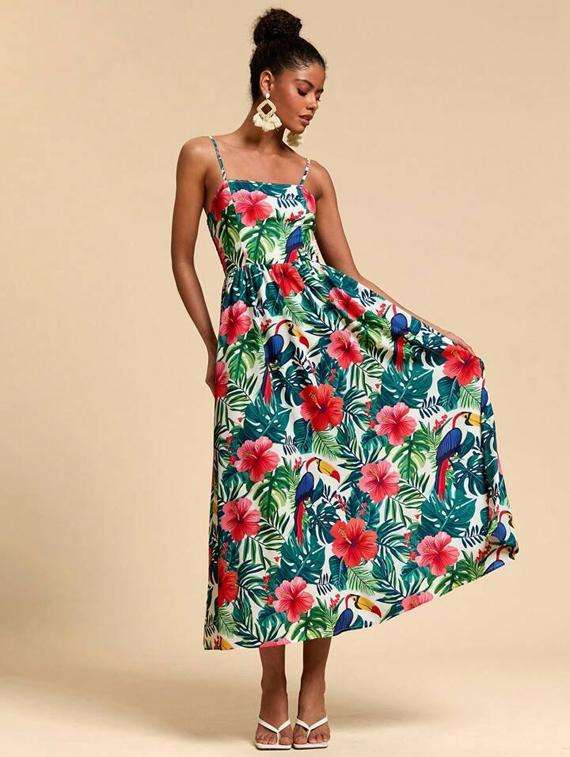 women printed shoulder strap fit & flare dress