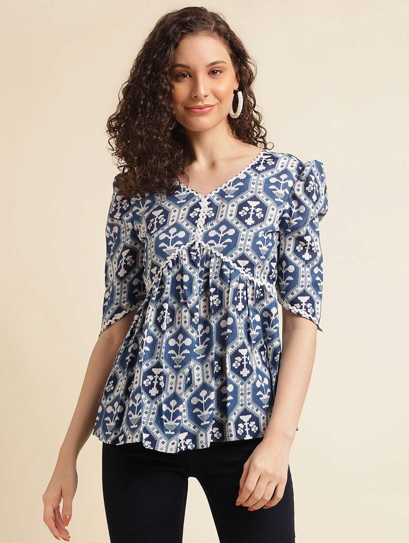 women printed puff sleeve peplum top