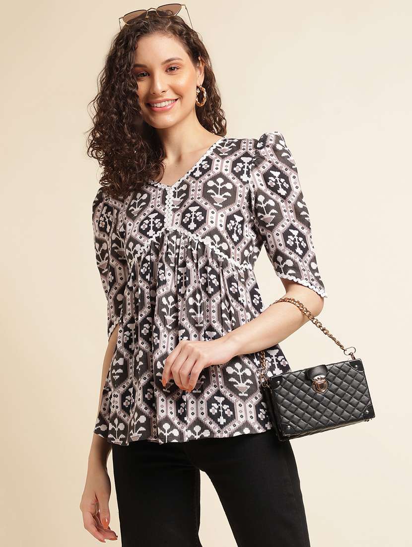 women printed puff sleeve peplum top - 22282105 -  Standard Image - 1