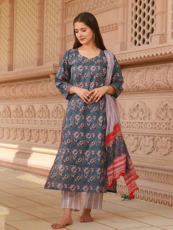 women floral three quarter sleeve kurta pant with dupatta set - 22282123 -  Standard Image - 1