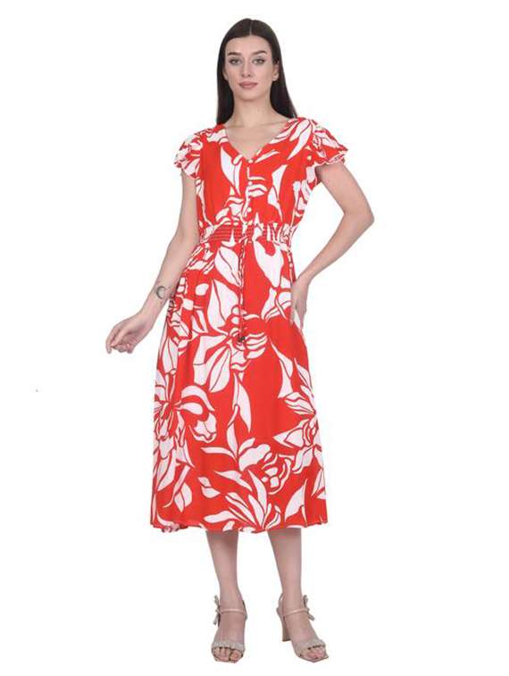 women printed flute sleeve a-line dress