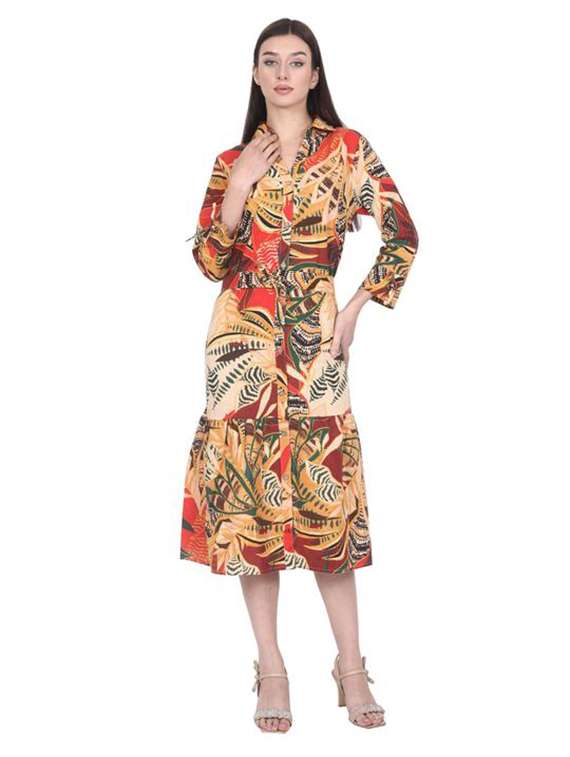 women printed three quarter sleeve tiered dress