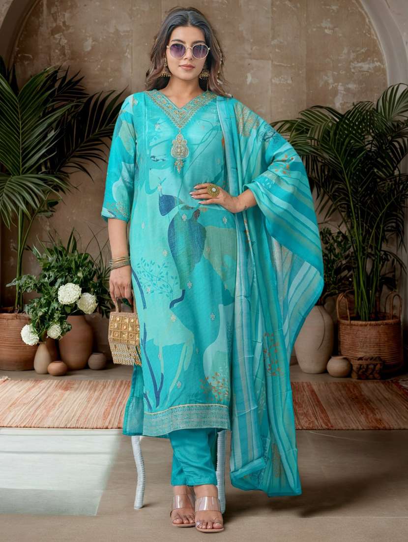 women printed three quarter sleeve kurta pant with dupatta set - 22282154 -  Standard Image - 1