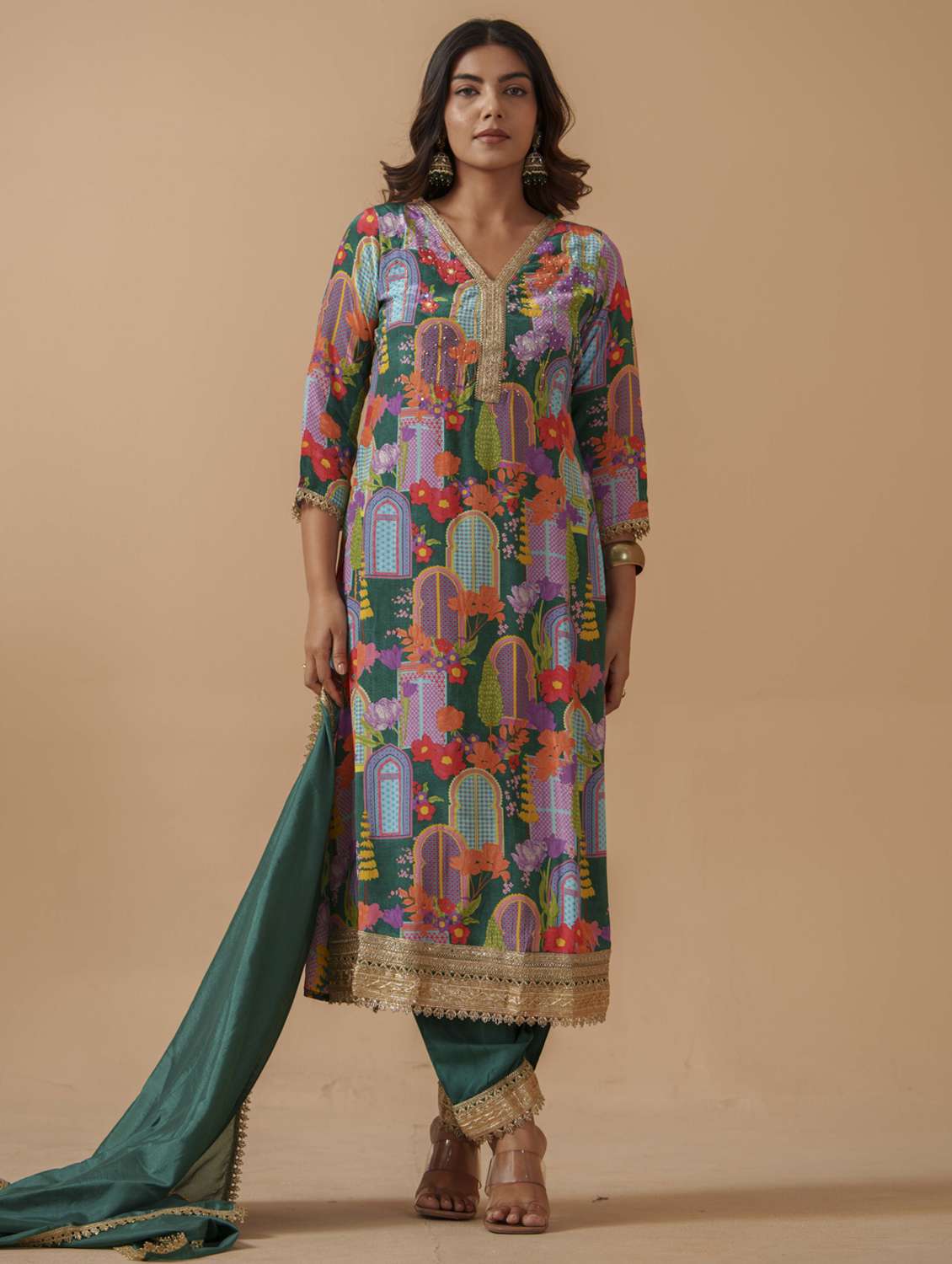 women printed three quarter sleeve kurta pant with dupatta set - 22282157 -  Standard Image - 1