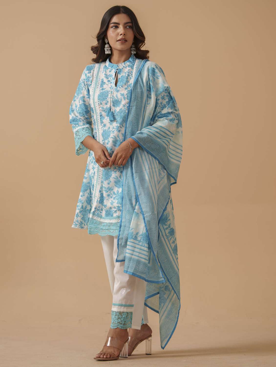 women floral three quarter sleeve kurta pant with dupatta set - 22282164 -  Standard Image - 1