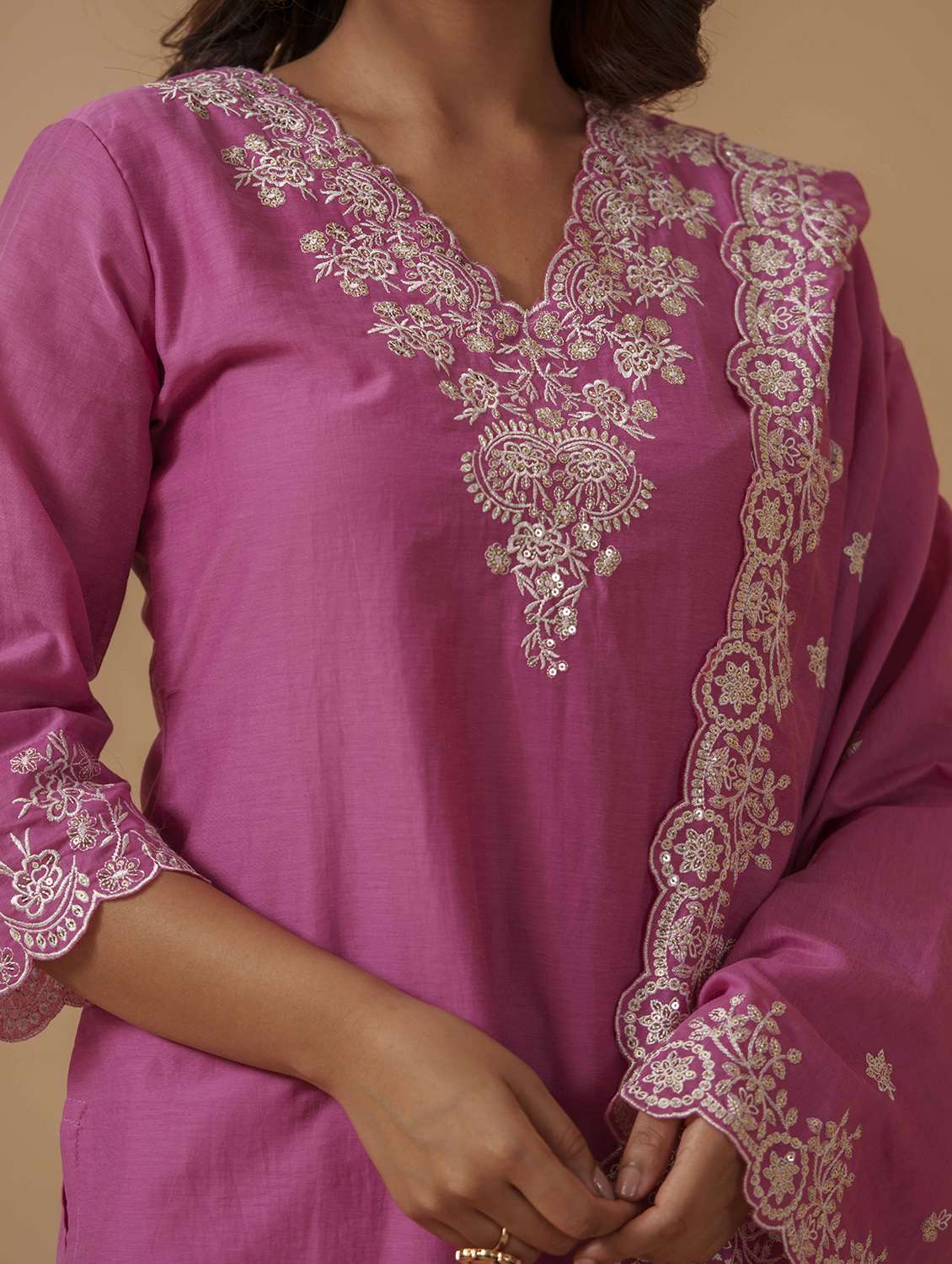 women solid with work three quarter sleeve kurta pant with dupatta set - 22282171 -  Standard Image - 4