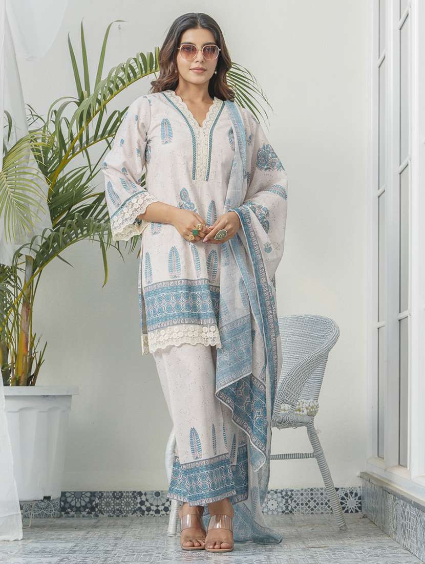 women printed three quarter sleeve kurta pant with dupatta set
