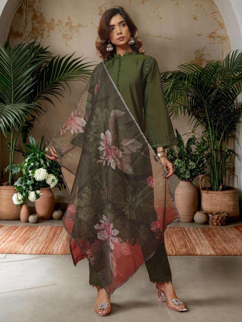 women solid with work long sleeve kurta pant set - 22282174 -  Standard Image - 1