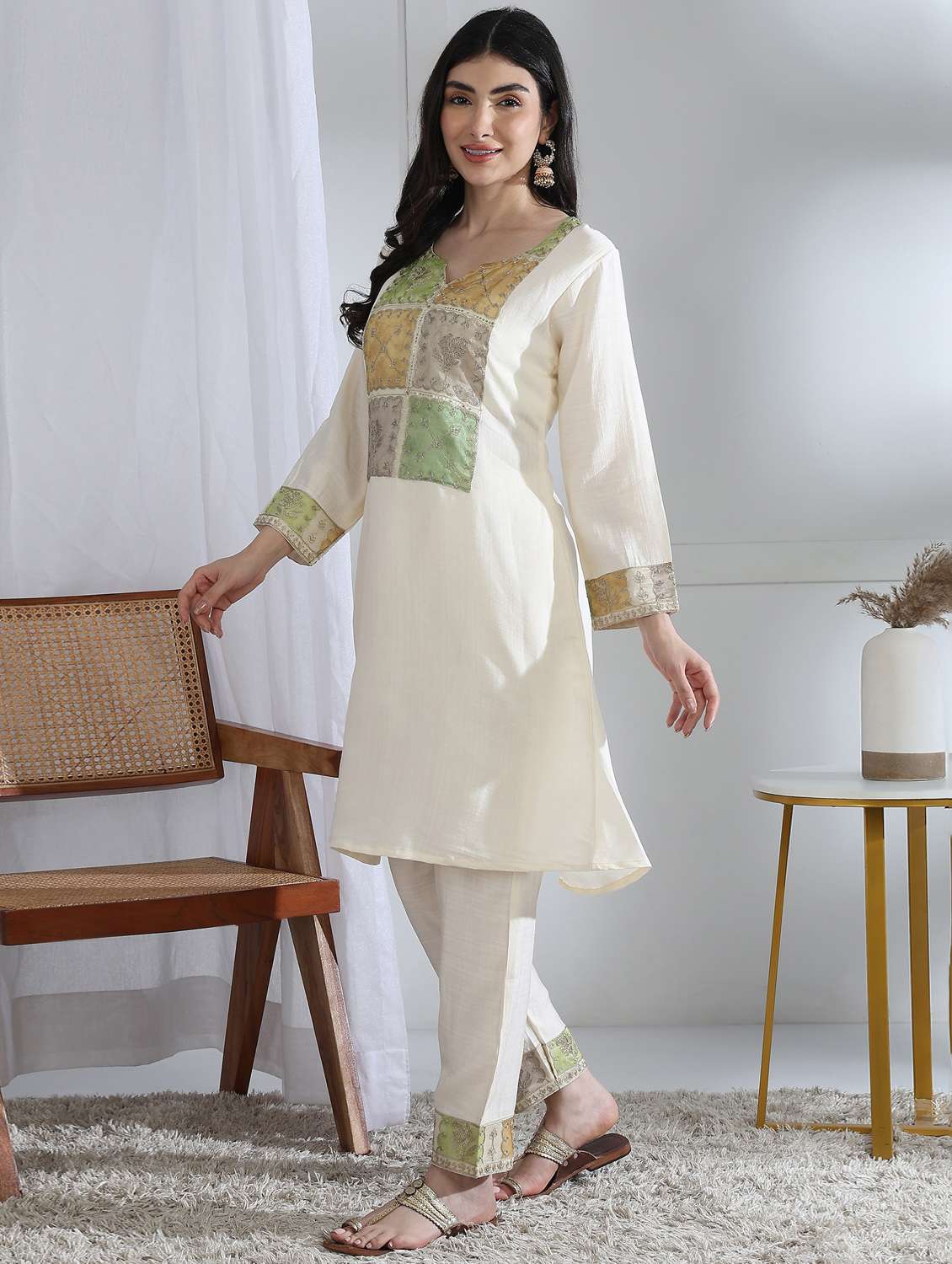 women solid with work long sleeve kurta pant set - 22282185 -  Standard Image - 1
