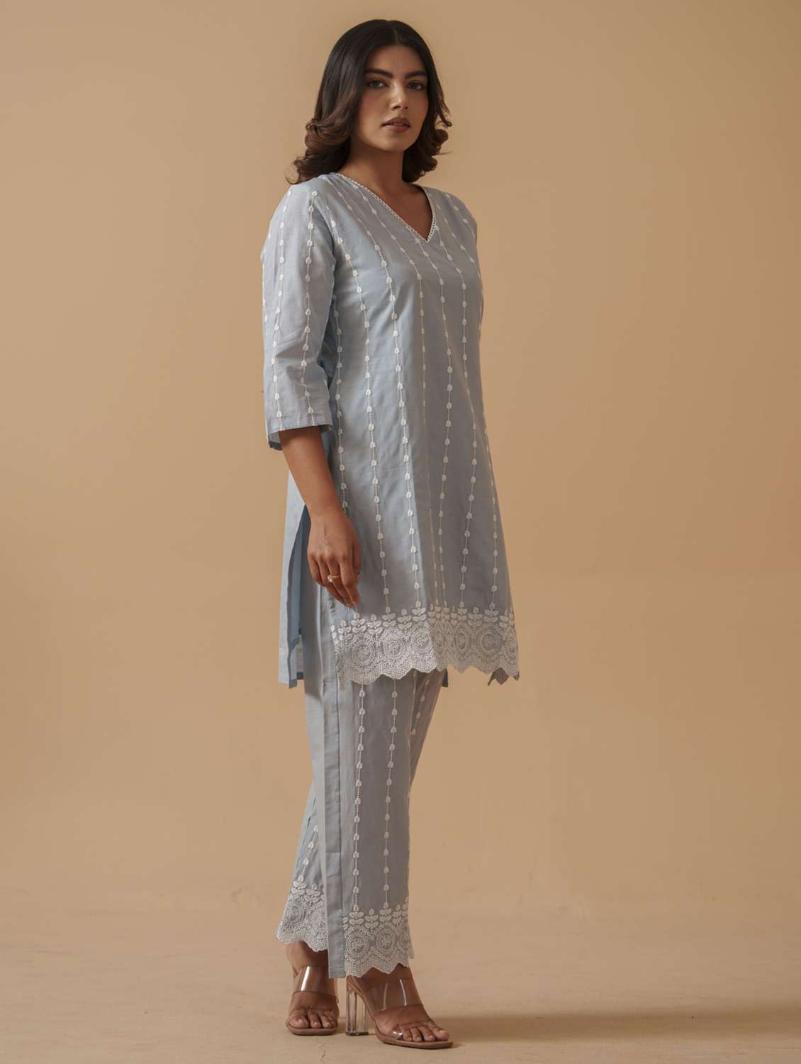 women solid with work three quarter sleeve ethnic co-ord set - 22282194 -  Standard Image - 1