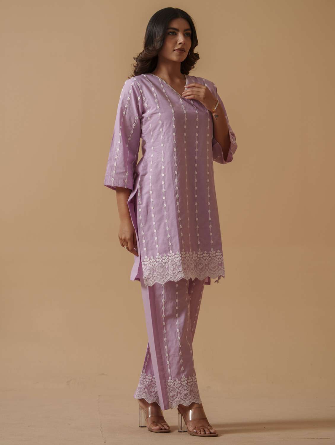 women solid with work three quarter sleeve ethnic co-ord set - 22282195 -  Standard Image - 1