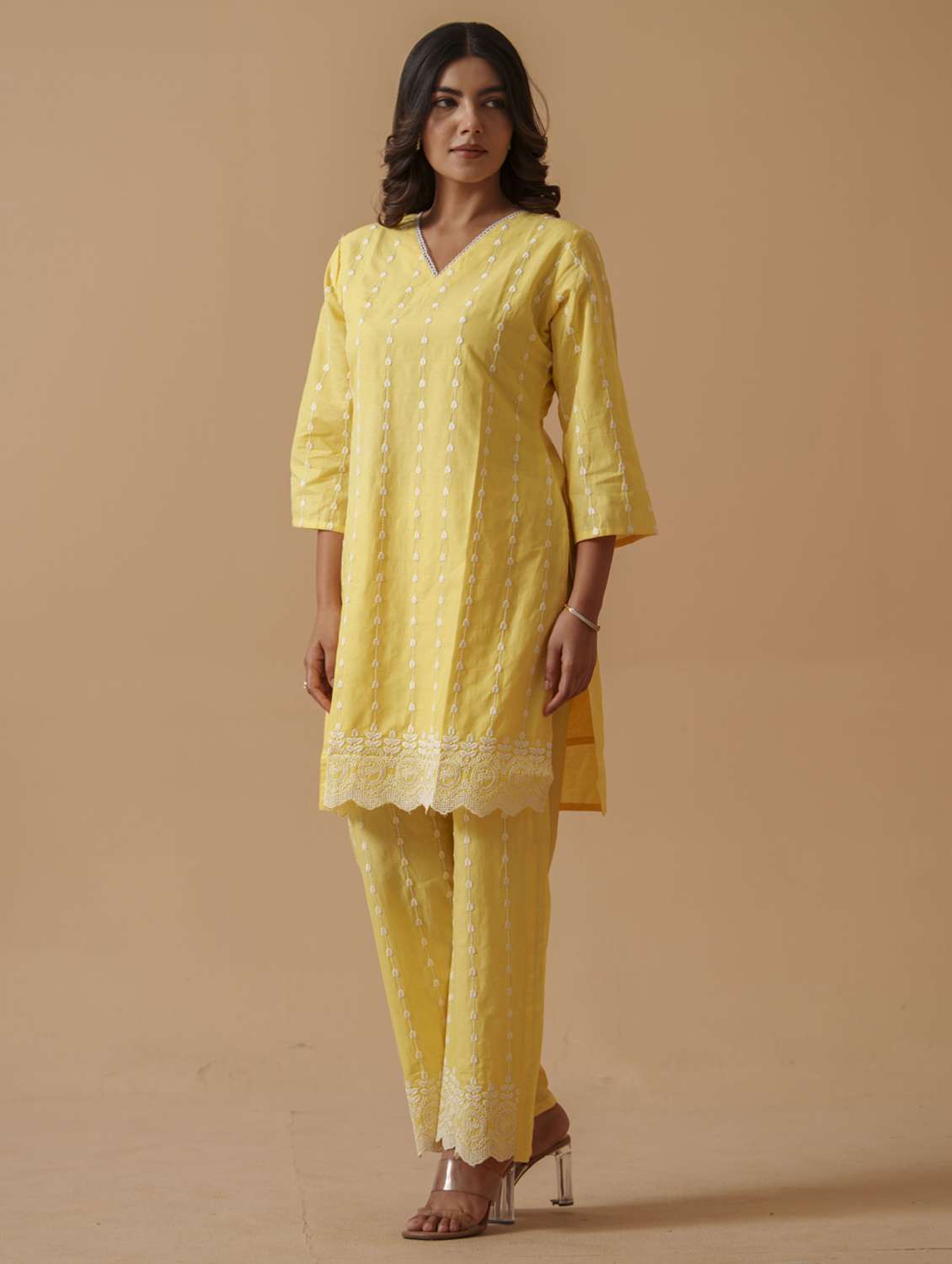 women solid with work three quarter sleeve ethnic co-ord set - 22282196 -  Standard Image - 1