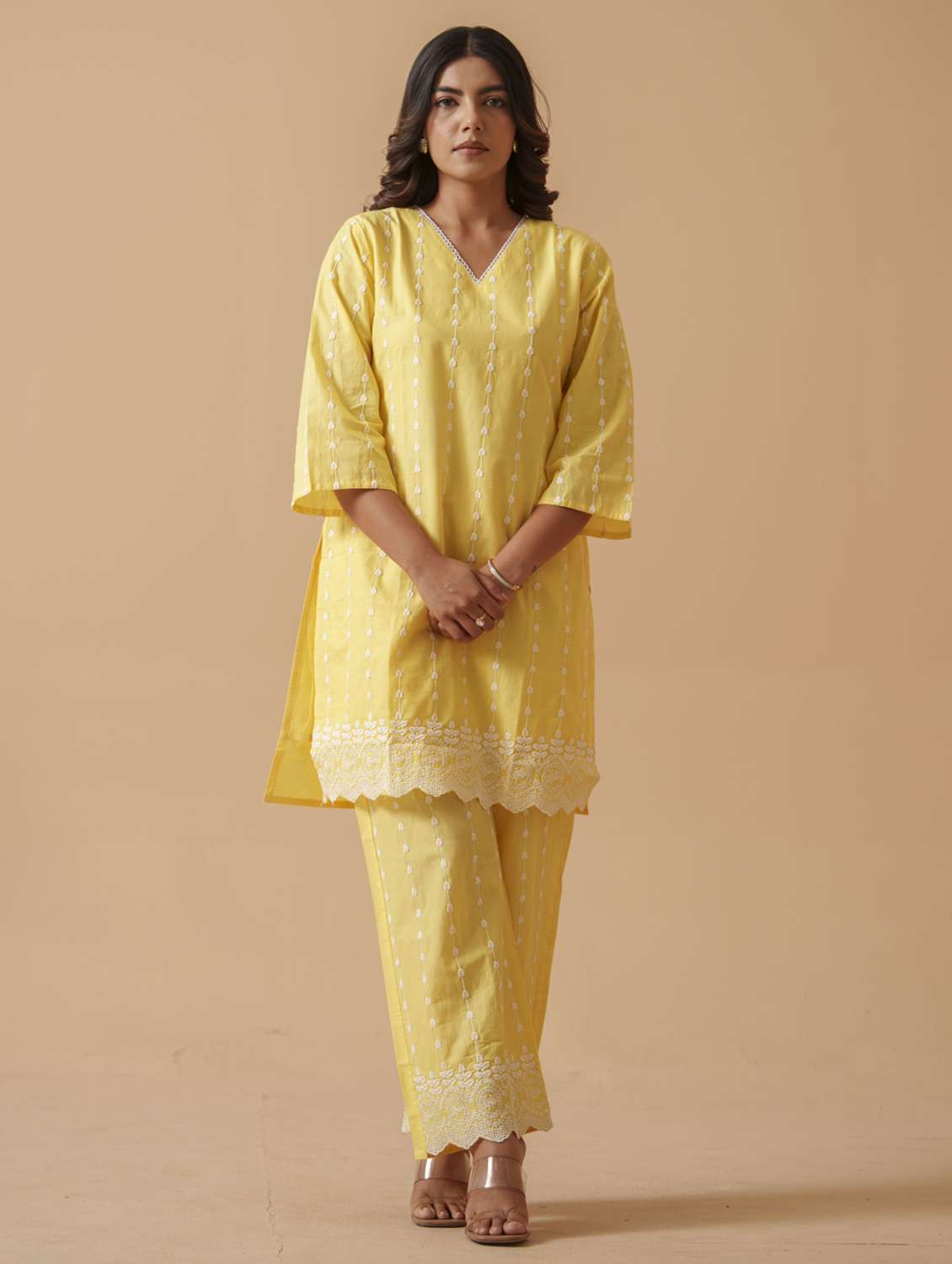 women solid with work three quarter sleeve ethnic co-ord set - 22282196 -  Standard Image - 4