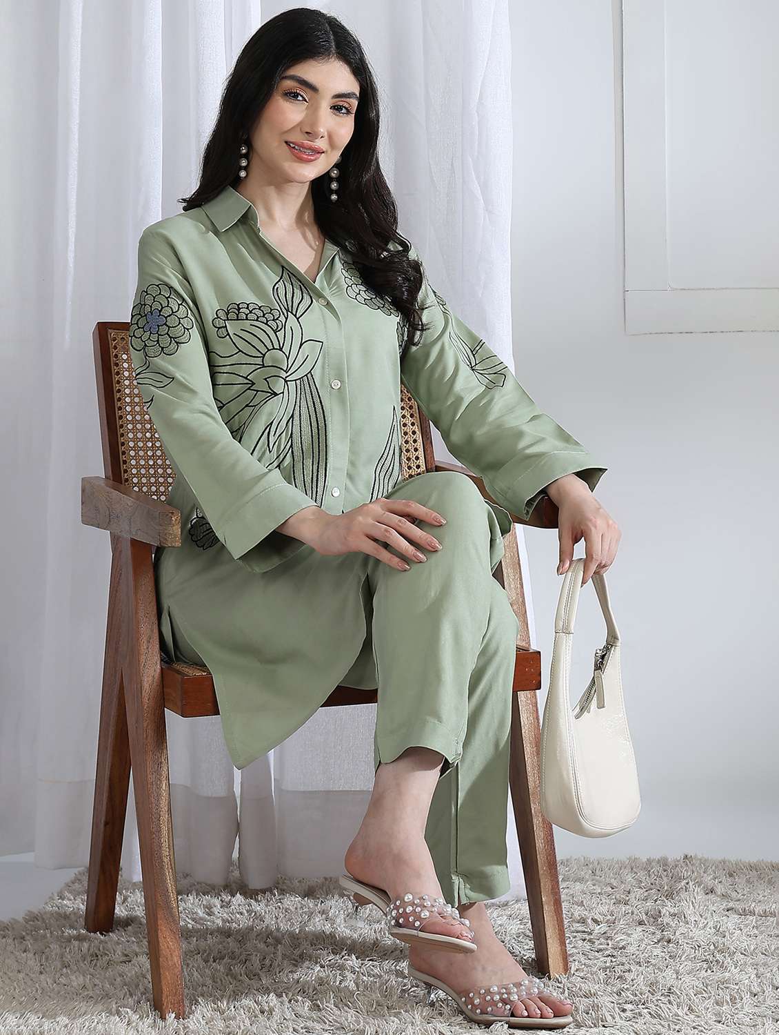 women solid with work long sleeve ethnic co-ord set - 22282199 -  Standard Image - 1
