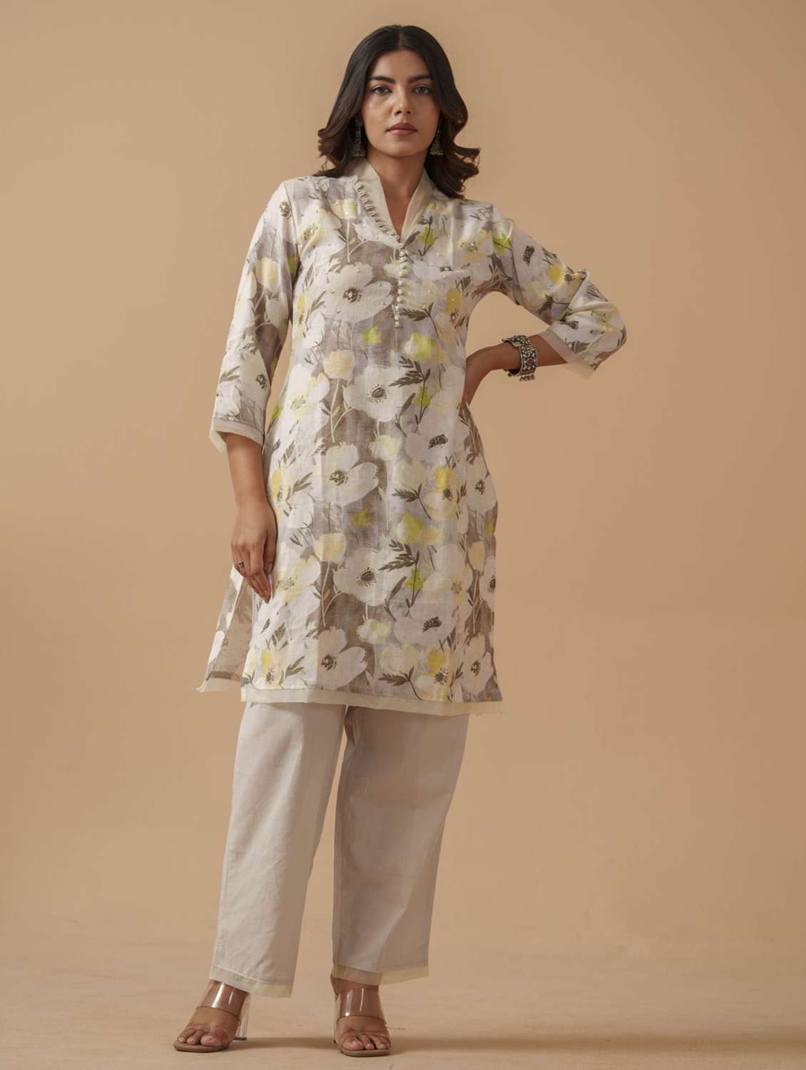 women floral three quarter sleeve kurta pant set - 22282208 -  Standard Image - 1