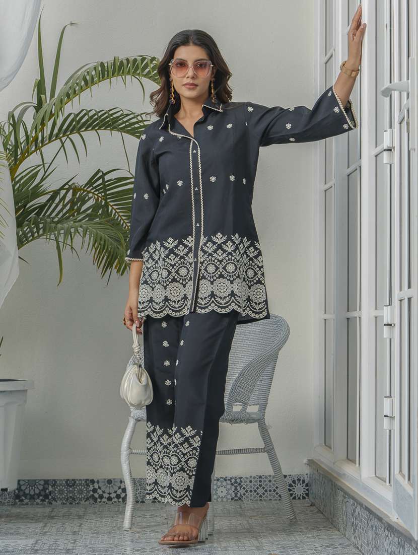 women solid with work three quarter sleeve ethnic co-ord set