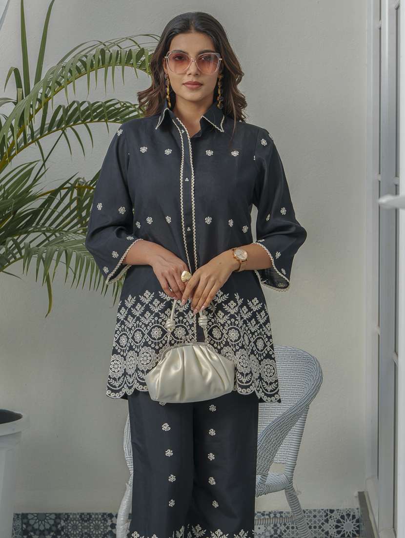 women solid with work three quarter sleeve ethnic co-ord set - 22282211 -  Standard Image - 1