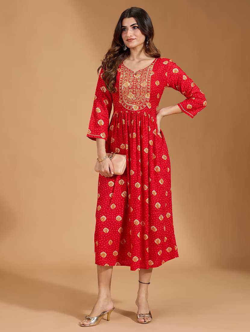 women printed three quarter sleeve a-line ethnic dress