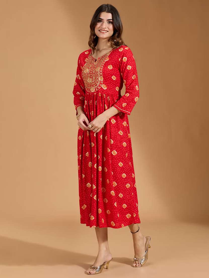 women printed three quarter sleeve a-line ethnic dress - 22282215 -  Standard Image - 1