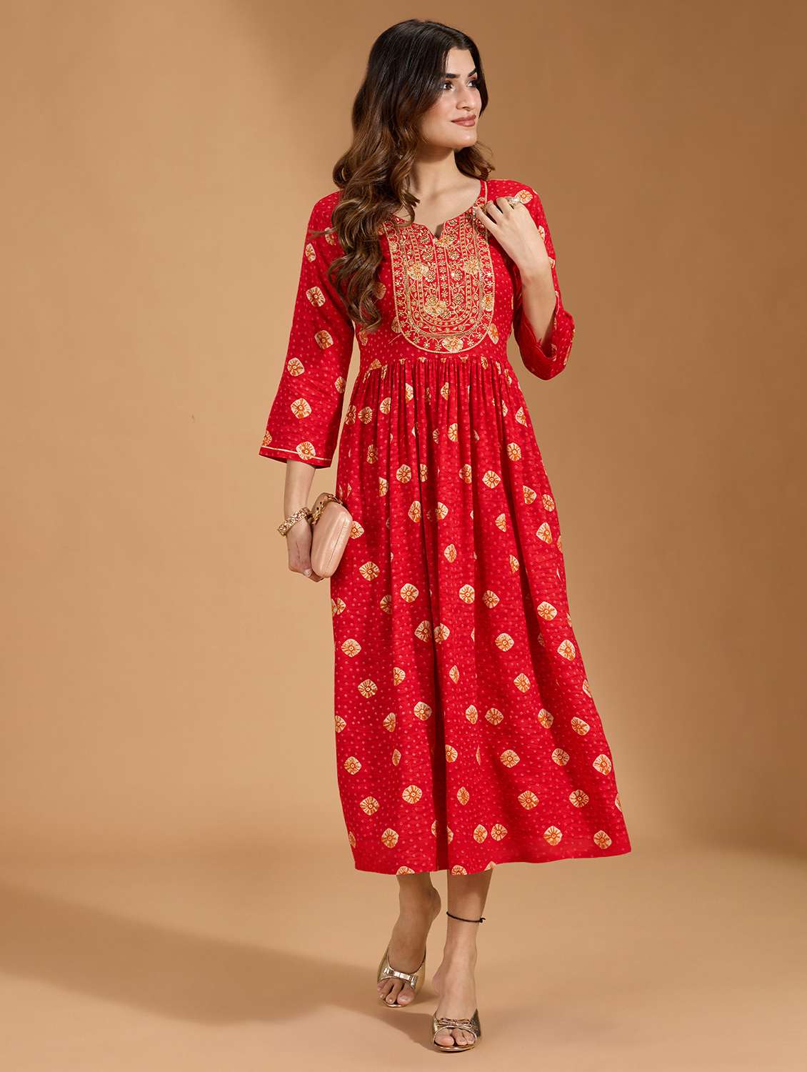 women printed three quarter sleeve a-line ethnic dress - 22282215 -  Standard Image - 4